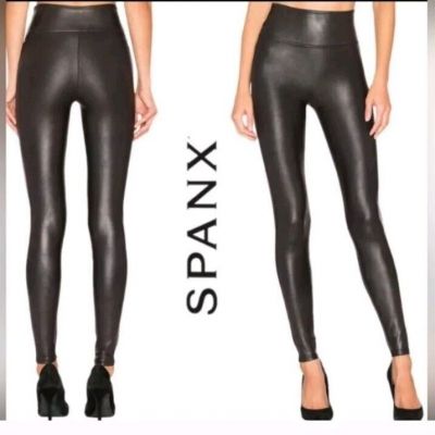 Spanx Faux Leather High Waisted Shimmer Gloss Black Leggings Closet Staple