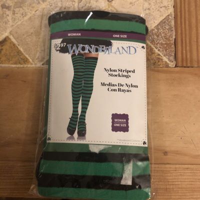 Wonderland Nylon Striped Stockings, Green & Black, Woman One Size, New Sealed