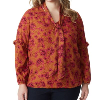 Jessica Simpson Trendy Plus Size Printed Tie-Neck Top - Glazed Ginger - Botanic