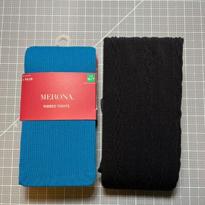 2 pairs - Merona Ribbed Tights - Size M/T 5’5”-5’11” 145-290 lbs - Black & Teal