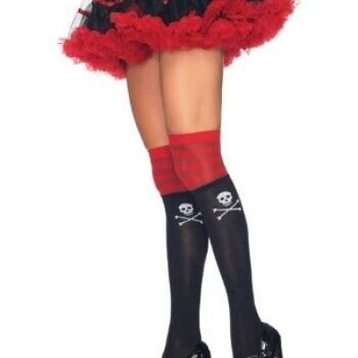 Leg Avenue 6680 Women's One Size Black/Red Pirate Skull Striped Thigh Highs