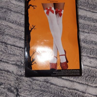 Adult White THIGH HIGH Stockings w/ RED BOWS One Size NEW Costume TIGHTS Hosiery