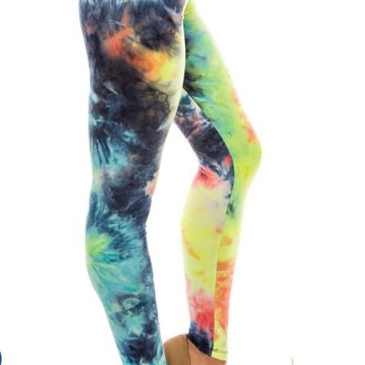 One Size Extra Plus Fits 22-28 Women Yellow Tie Dye Polyester Spandex Leggings