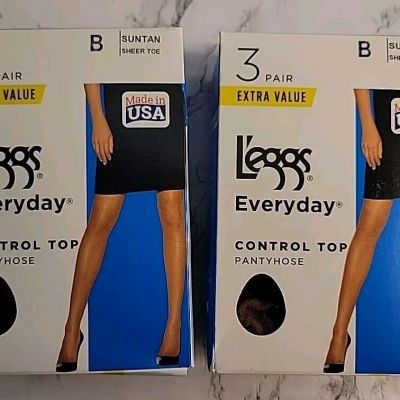 L'eggs Everyday Control Top Pantyhose Suntan Sheer Toe Size B 6 Pairs