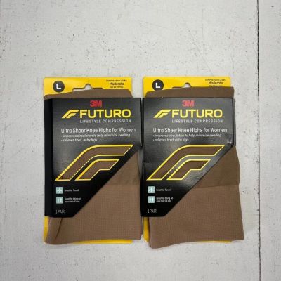 3M Futuro Brown 2 Pack Ultra Sheer Knee Highs Women's Size Large NEW