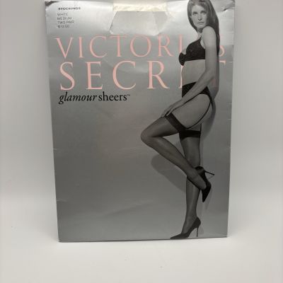 Victorias Secret White Thigh High Stockings HoseGlamour Sheers Medium 2 Pair USA