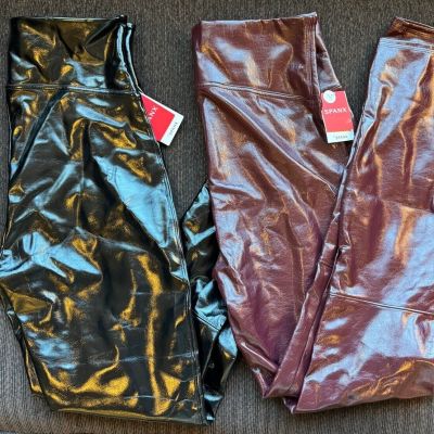 NWT Spanx Faux Patent Leather Leggings 2x Black & Red Tall Large