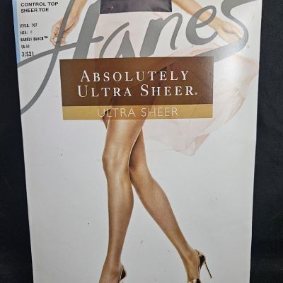 New Vtg Hanes 707 Absolutely Ultra Sheer Control Top Sheer Toe Barely Blk Size F