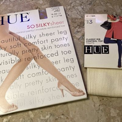 Hue So Silky Sheer Pantyhose + Classic Rib Tights Sz 3 New!