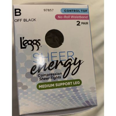 L'EGGS 2 PAIR SHEER ENERGY CONTROL TOP NO ROLL TIGHTS-SHEER TOE-B-OFF BLACK