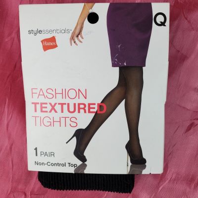 Vtg Hanes Fashion Black Striped Textured Tights Plus Size Q 140-195 Lbs New