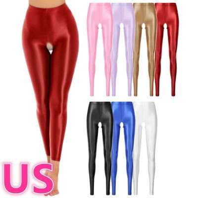 US Women's Satin Glossy Opaque Pantyhose Crotchless Stockings Shiny Pants Tights