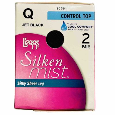 LEGGS Silken Mist Pantyhose~2 PAIR~Size Q~Control Top~Silky Sheer~Jet Black