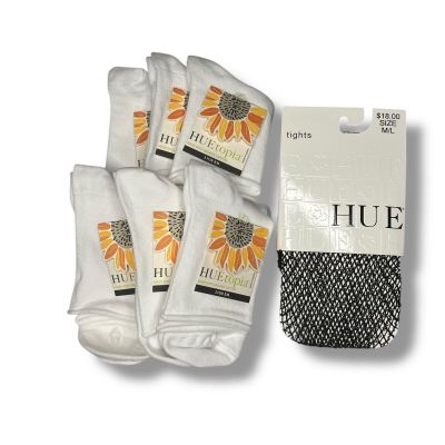 Huetopia Roll Top Shortie Socks 6 Pair White With Hue Wool Boucle Tights M/ L