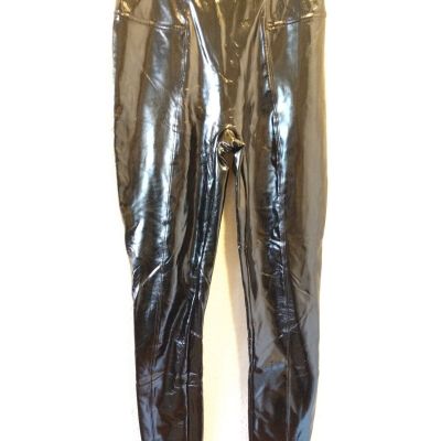 Spanx Women Sz M High Waist Stretch Black Faux Patent Leather Leggings