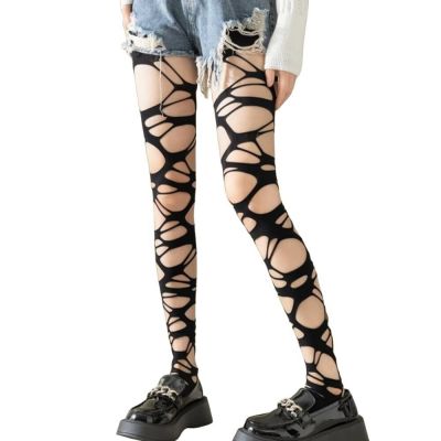 Women's Ripped Tights Gothic Punk Perforated Stocking Y2k Ragged Pantyhose Ho...