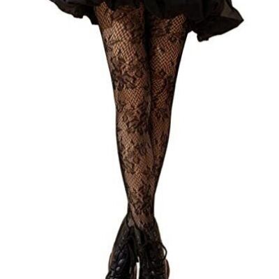 Women's Patterned Fishnet Tights High Waist Pantyhose Floral One Size Black