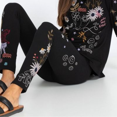 Johnny Was SoHo Black Stretch Leggings Colorful Embroidered Eclectic Luxury 2X