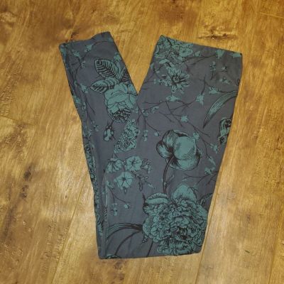 LulaRoe gray with teal floral design leggings tall and curvy