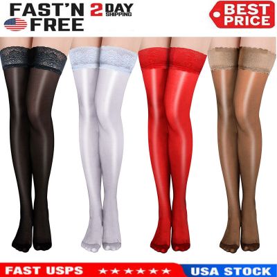 Womens Oil Shiny Glossy High Stockings Lace Silicone Stay Up Thigh-Highs Hosiery