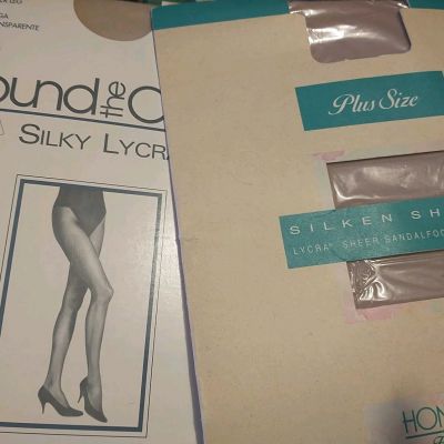 Vtg Lot 2 Pantyhose Queen Plus Sz Bone, Taupe Silky Lycra, Lycra Sheer New Pkgs