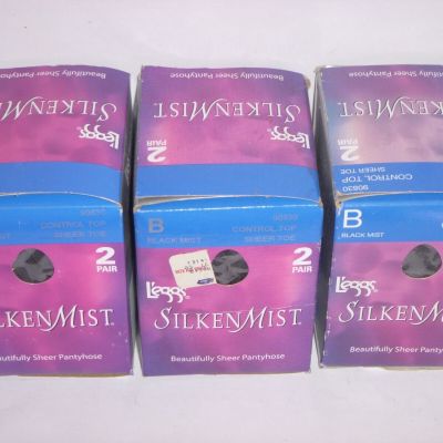 (3)  Leggs Silken Mist Control Top Pantyhose Sheer Toe 6 Pair Black Mist Size B