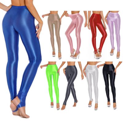 US Women's Glossy Stirrup Step on Foot Fitness Yoga Shiny Stretchy Tights Pants