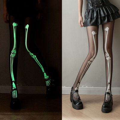 Halloween Costume Hosiery Glow-in-the-dark Skeleton Women Pantyhose with Ghost