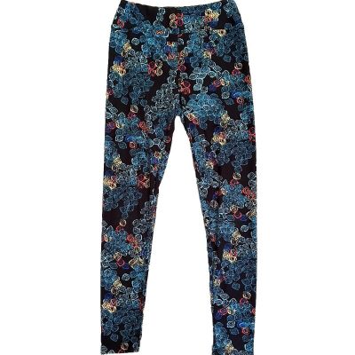 Lularoe Leggings OS Pattern Black Blue Nature Leaves Hippie Soft Workout Leisure