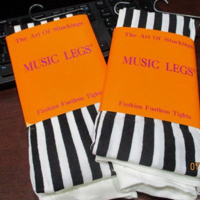 2 pair NWT Music Legs Fashion Footless Tights fits 90-165 lbs black white stripe