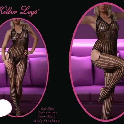 Killer Legs V-neck Vertical Stripes Full Body Fishnet Body Stocking 818JT002