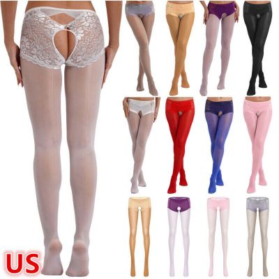 US Womens Sheer See-through Pantyhose Floral Lace Crotchless Tights Pants Cutout