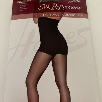 NWT HANES Pantyhose Silk Reflections Black High Waist Sheer Toe  Control Top AB