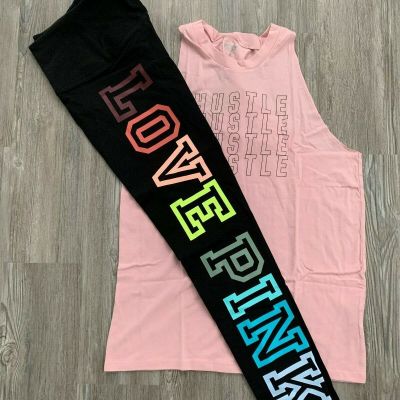 S Victoria Secret VS Pink Sport Twist Back Tank + Rainbow Cotton Leggings NEW