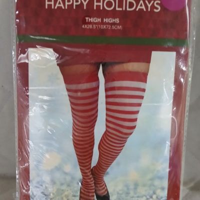 Happy Holiday Thigh Highs Red White Stripes Stockings. Size 4x28.5