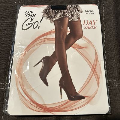 On The Go Jet Black Day Sheer Pantyhose Women Size Large Reinforced Toe Nylon