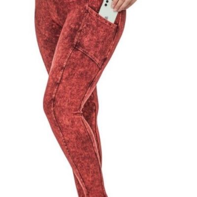 ZENANA MINERAL WASH WIDE WAISTBAND FULL LENGTH LEGGINGS Cabernet Size 3XL