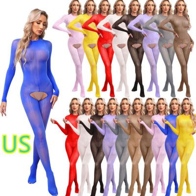 US Womens Glossy Bodystocking Sheer Mesh See-Through Jumpsuit Hollow Out Unitard