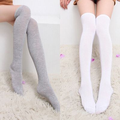 Womens Stretch Thigh High Over Knee Stockings Plain High School Girl Long Socks