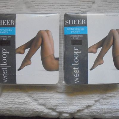 2 PKG OF 1 EACH WEST LOOP SHEER REINFORCED PANTY & TOE PANTYHOSE~SIZE D~COFFEE