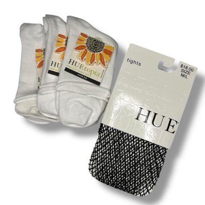 Huetopia Roll Top Shortie Socks 3 Pair White With Hue Wool Boucle Tights M/ L