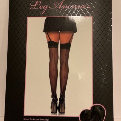 LEG AVENUE SHEER BLACK BACKSEAM THIGH  HIGH STOCKINGS -STYLE 1000 -ONE SIZE