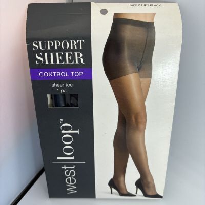 New West Loop Support Sheer Control Top, Sheer Toe. Size C / Jet Black. 1 Pair.