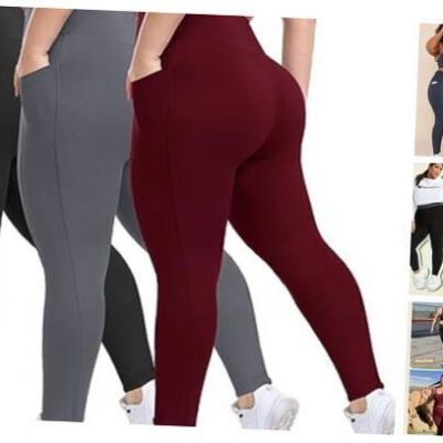 3 Pack Plus Size Leggings with Pockets for Women XX-Large Plus Black/Grey/Wine