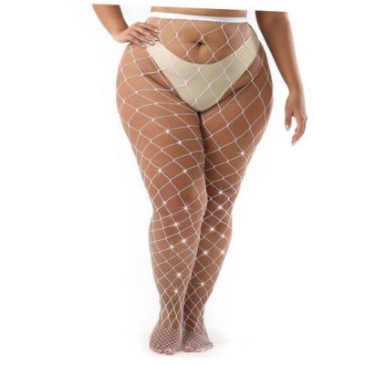 Plus Size Rhinestone Fishnet Stockings Glitter XX-Large-4X-Large Plus White