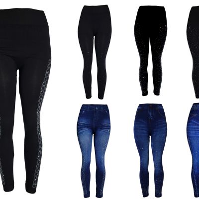 Rhinestone Jeggings, Plain Black or Denim Printed Jean Looking Leggings