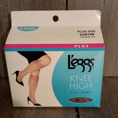 L'eggs Knee High Day Sheer Pantyhose 3 Pair Plus Size Suntan DG0006 SU Brand New