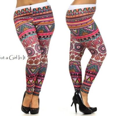 New JUNIORS PLUS SIZE Womens MULTI BALI MEDALLION AZTEC LEGGINGS XL 1X 2X 3X