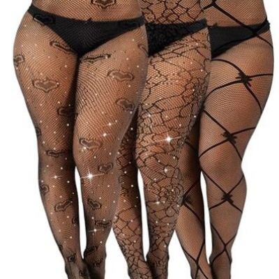 Geyoga 3 Pair Plus Size Rhinestone Fishnets Stockings Glitter 4X-Large Black