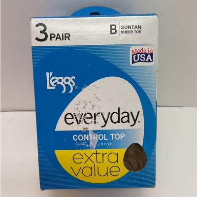 Leggs Everyday Control Top Pantyhose 3 pair Suntan Sheer Toe SzB